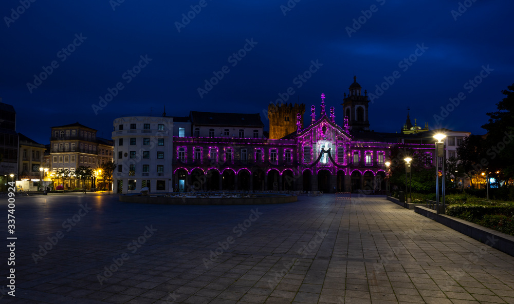 Coronavirus Outbreak, during is famous Easter Holy Week at sunset, there's nobody in the center of Braga City.