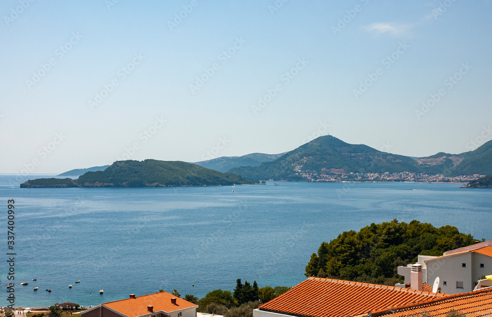 View to the Adriatic coast of Budva and to the Island of St. Nicholas, Montenegro