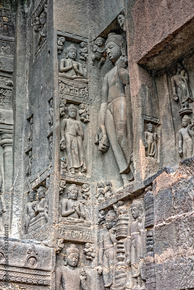 Ornate Sculptures and carvings outside Buddhist Caves at Ajanta, an UNESCO World Heritage site near Aurangabad in Maharashtra, India