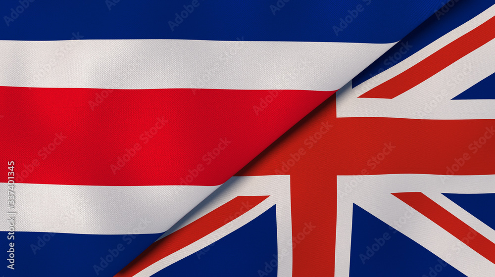The flags of Costa Rica and United Kingdom. News, reportage, business background. 3d illustration The flags of Costa Rica and United Kingdom. News, reportage, business background. 3d illustration