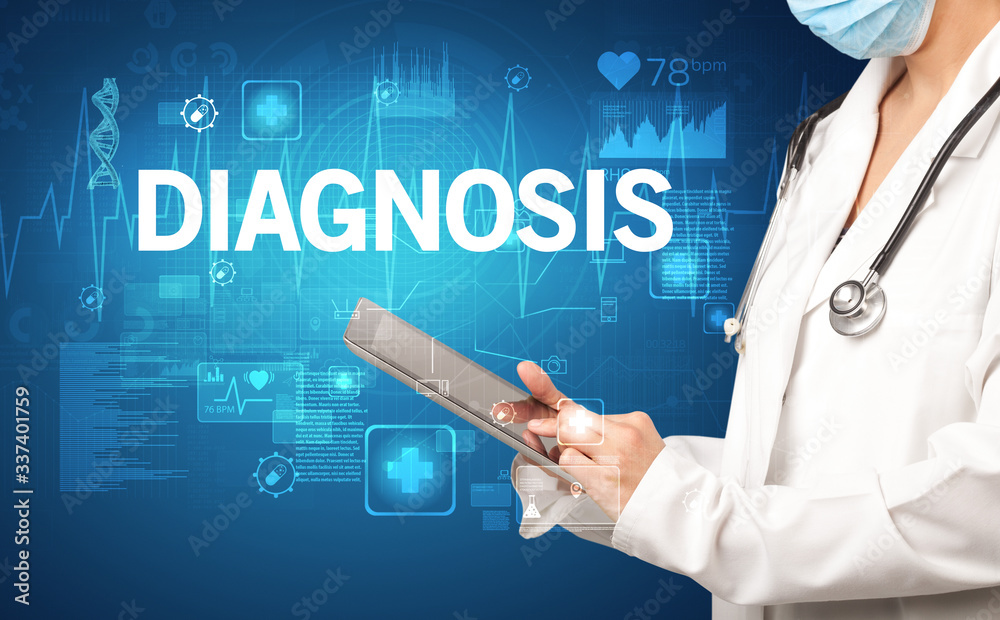 young doctor writing down notes with DIAGNOSIS inscription, healthcare concept