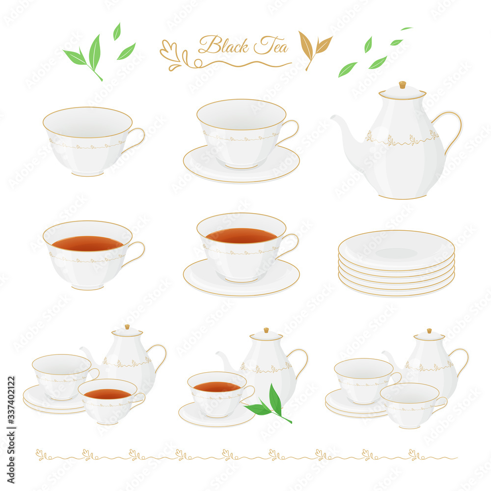 紅茶のイラスト素材セット ティーカップ ポット 茶葉 Stock Vector Adobe Stock