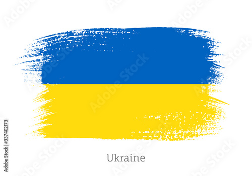 Ukraine official flag in shape of paintbrush stroke. Ukrainian national identity symbol. Grunge brush blot object isolated on white background vector illustration. Ukraine country patriotic stamp.