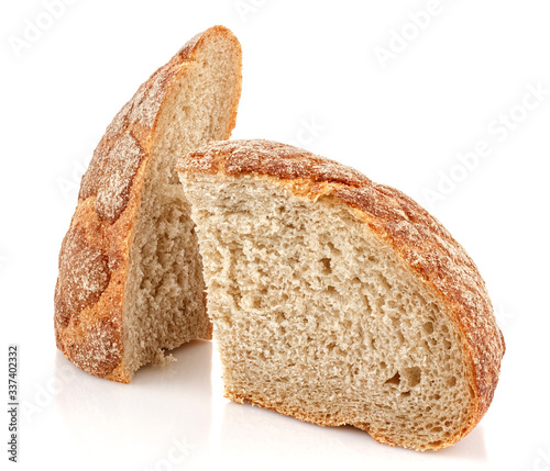 Two chunks of rye bread isolated on white background with reflection on glossy surface