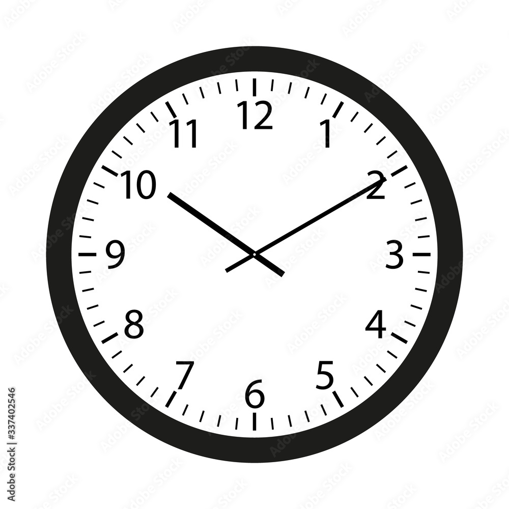 Wall clock with black frame and hands. Flat style vector illustration. Simple classic wall clock with arab numbers isolated on white background Wall clock with black frame and hands. Flat style vector illustration. Simple classic wall clock with arab numbers isolated on white background
