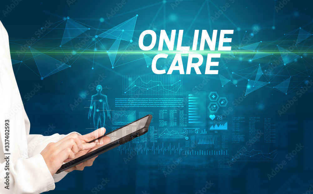doctor writes notes on the clipboard with ONLINE CARE inscription, medical diagnosis concept doctor writes notes on the clipboard with ONLINE CARE inscription, medical diagnosis concept