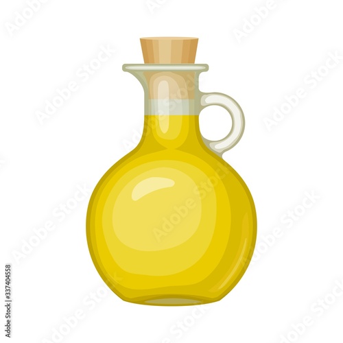Cartoon bottle of extra virgin olive oil. Yellow liquid element of honey or essential oil. Traditional healthy product, organic vegan nutrition. Glass jar with gold oil isolated vector illustration.