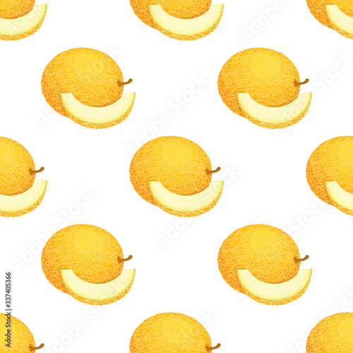 Seamless pattern with fresh whole and cut slice melon fruit on white background. Honeydew melon. Summer fruits for healthy lifestyle. Organic fruit. Vector illustration for any design.