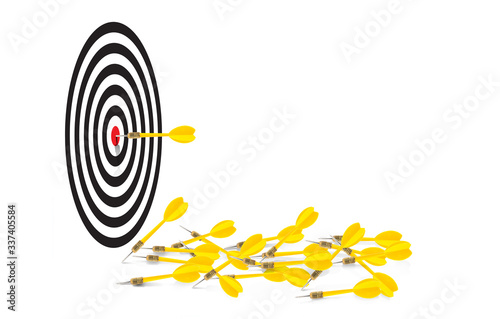 Yellow dart hit the red bulleye and  some missing the target lay on the white space near the targer bacground, Naver give up, Winner take all and Keep trying for success Idea concept photo