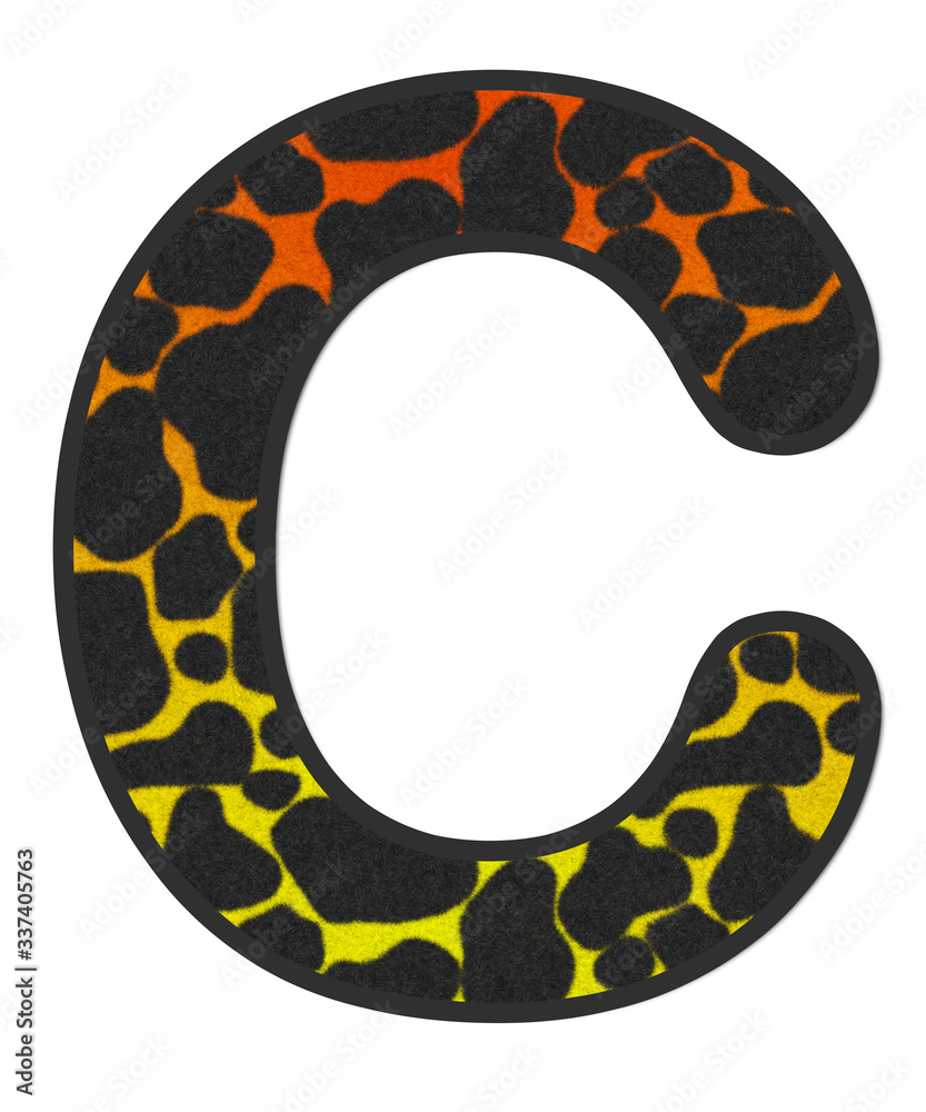 3D Giraffe Orange-Yellow print letter C, animal skin fur creative decorative character C, Cheetah colorful isolated in white background has clipping path dicut. Design font wildlife or safari concept. 3D Giraffe Orange-Yellow print letter C, animal skin fur creative decorative character C, Cheetah colorful isolated in white background has clipping path dicut. Design font wildlife or safari concept.