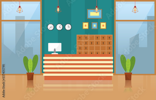 Hotel Check In Reception Desk Lobby Room Furniture Interior Illustration