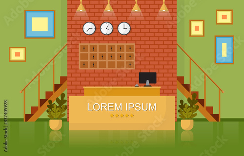 Hotel Check In Reception Desk Lobby Room Furniture Interior Illustration