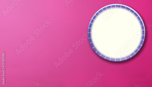 Leinwand Poster round ceramic plate on pink background with negative space or copy space