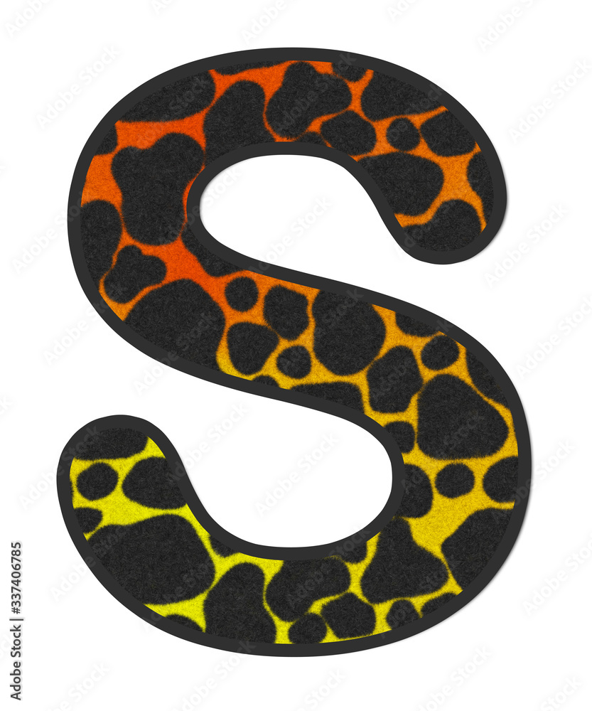 3D Giraffe Orange-Yellow print letter S, animal skin fur creative decorative character S, Cheetah colorful isolated in white background has clipping path dicut. Design font wildlife or safari concept. 3D Giraffe Orange-Yellow print letter S, animal skin fur creative decorative character S, Cheetah colorful isolated in white background has clipping path dicut. Design font wildlife or safari concept.