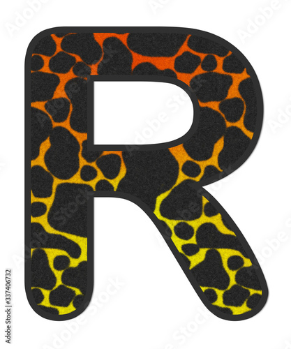 3D Giraffe Orange-Yellow print letter R, animal skin fur creative decorative character R, Cheetah colorful isolated in white background has clipping path dicut. Design font wildlife or safari concept.