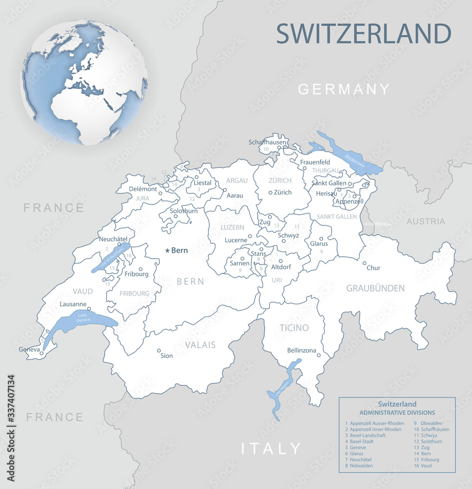 Blue-gray detailed map of Switzerland and administrative divisions and location on the globe. Vector illustration