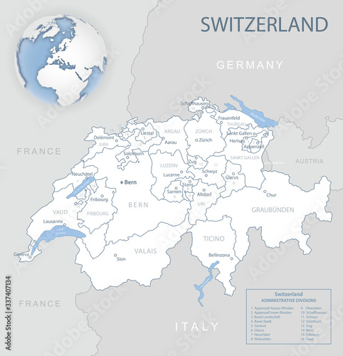 Blue-gray detailed map of Switzerland and administrative divisions and location on the globe. Vector illustration