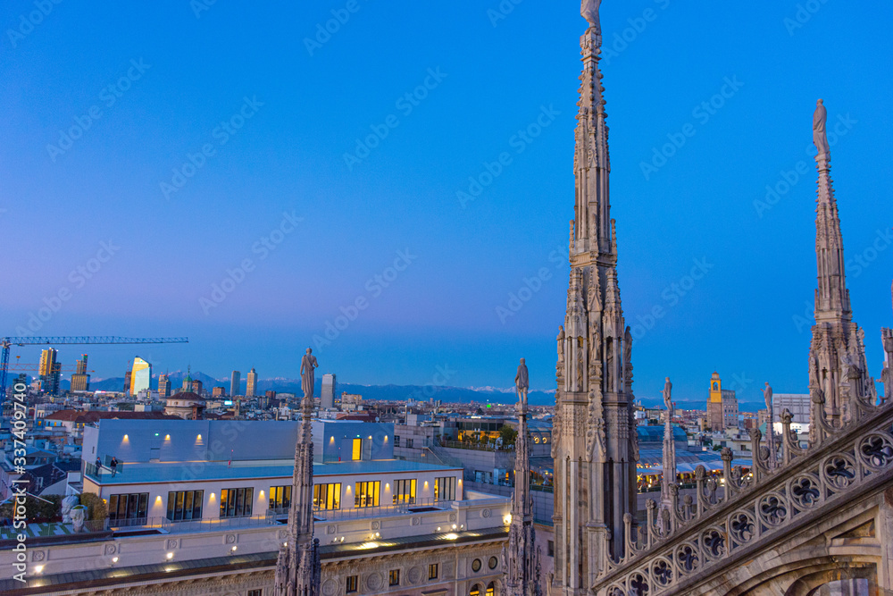Italy, Milan, 13 February 2020, view from the Duomo terrace, details of the spiers Italy, Milan, 13 February 2020, view from the Duomo terrace, details of the spiers