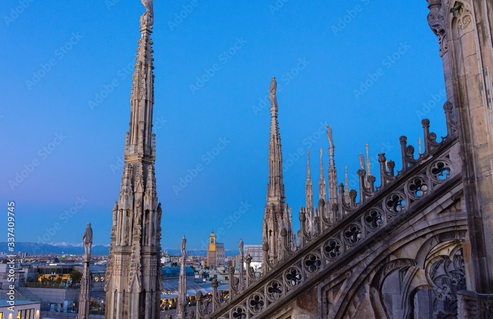 Italy, Milan, 13 February 2020, view from the Duomo terrace, details of the spiers