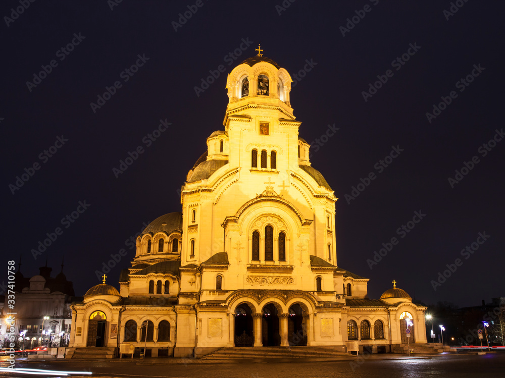 Cathedral of Alexander Nevsky at night, main cathedral of capital of Bulgaria, Sofia, Bulgaria.