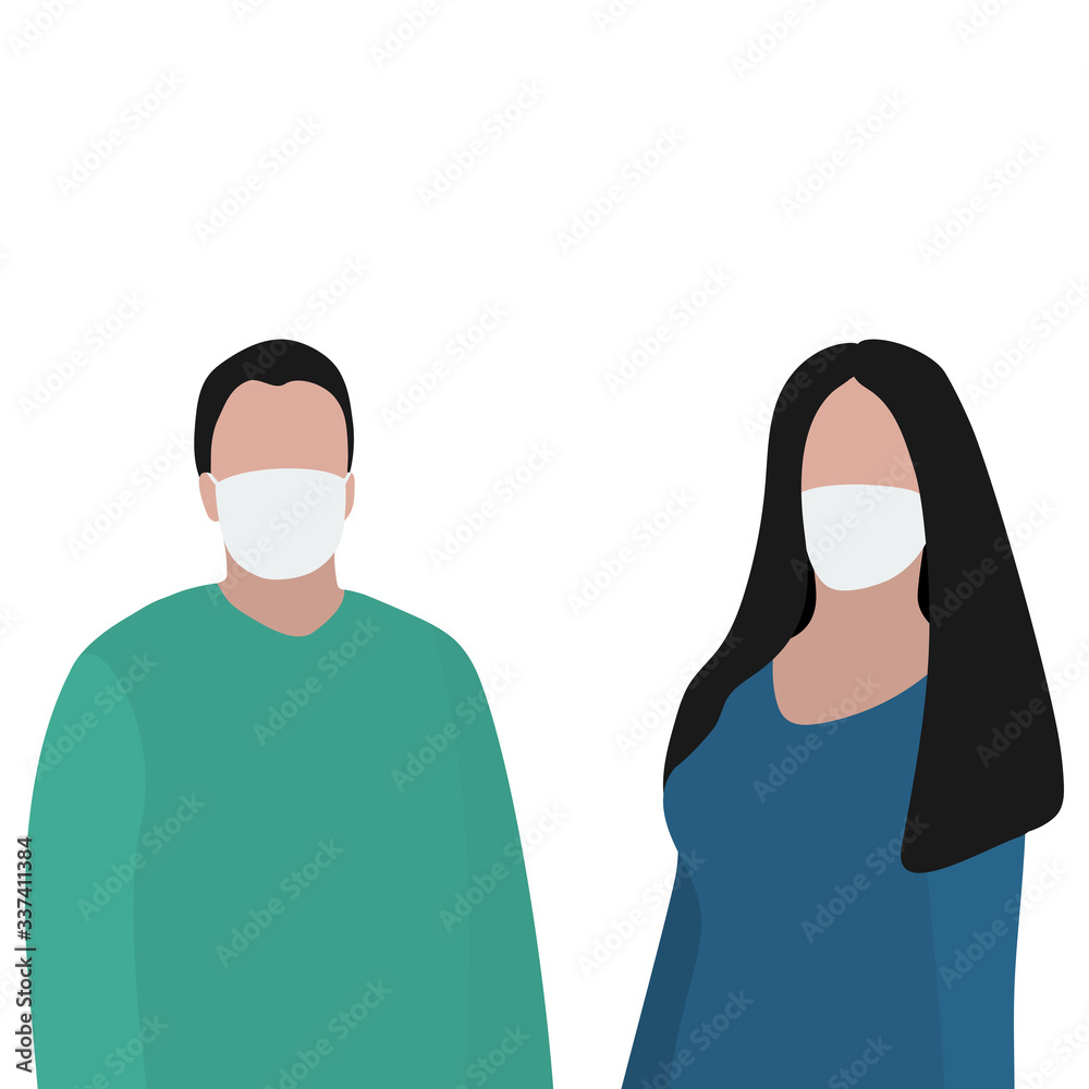 Man and woman in a protective mask against viruses. Fashion trendy illustration, flat design. Pandemic and epidemic of coronavirus in the world Man and woman in a protective mask against viruses. Fashion trendy illustration, flat design. Pandemic and epidemic of coronavirus in the world