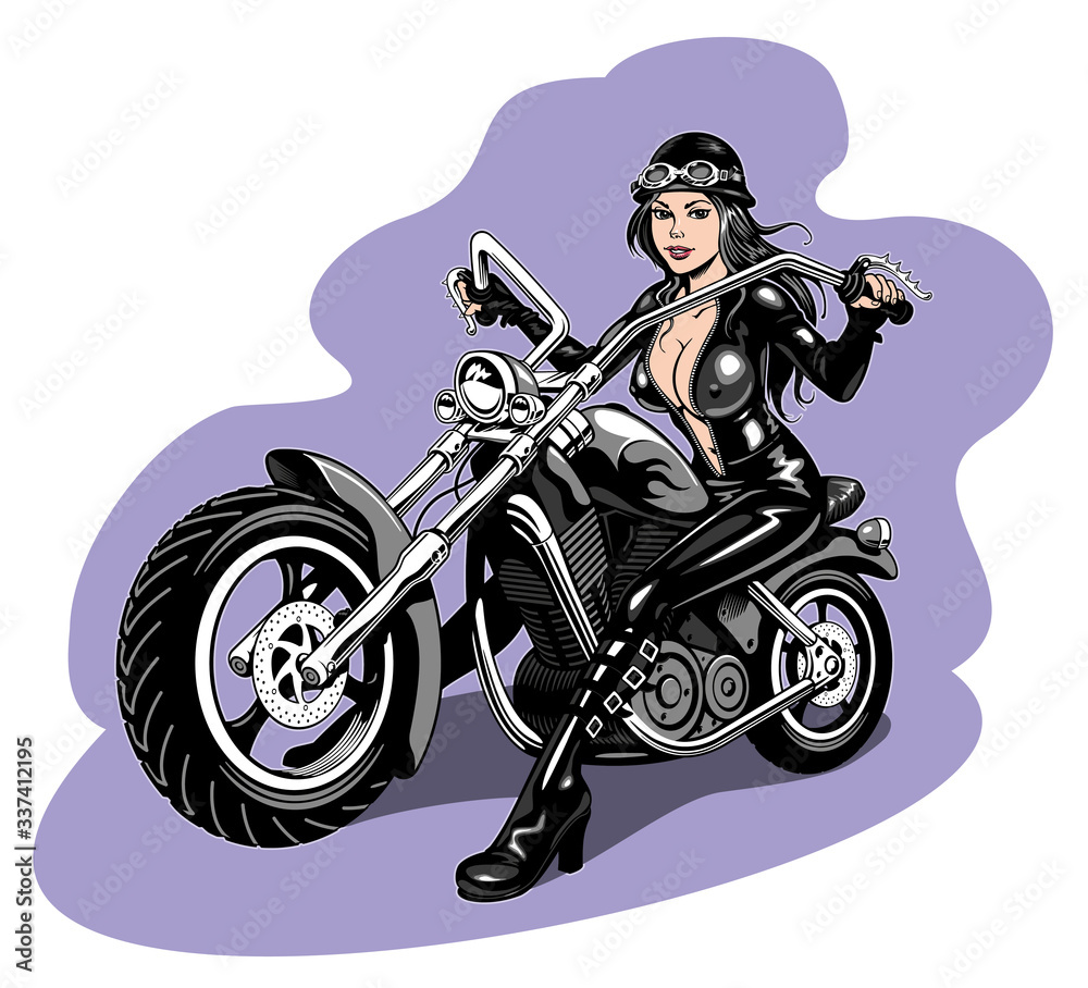 Biker woman in latex suit driving motorcycle. Vector illustration. Biker woman in latex suit driving motorcycle. Vector illustration.