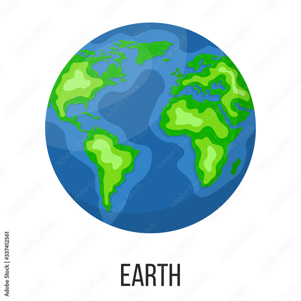 Earth planet isolated on white background. Planet of solar system. Cartoon style vector illustration for any design.