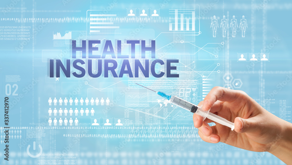 Close-up view of doctor's hand in a white glove holding syringe with HEALTH INSURANCE inscription, healthcare and medical concept Close-up view of doctor's hand in a white glove holding syringe with HEALTH INSURANCE inscription, healthcare and medical concept