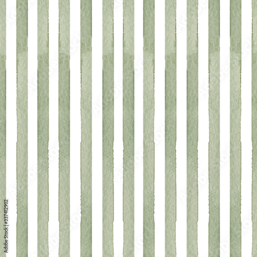 Watercolor hand drawn seamless pattern with abstract stripes in green color isolated on white background. Good for textile, background, wrapping paper etc.