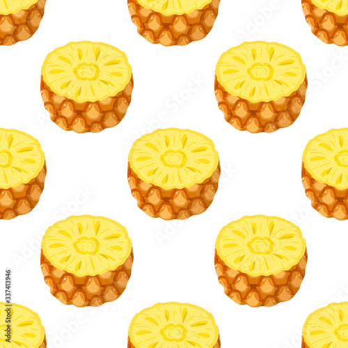 Seamless pattern with fresh half pineapple fruit on white background. Summer fruits for healthy lifestyle. Organic fruit. Cartoon style. Vector illustration for any design.