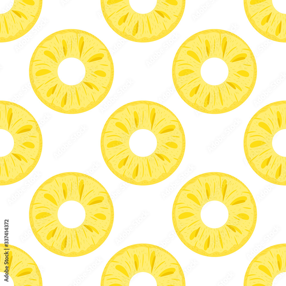 Seamless pattern with fresh cut rings pineapple fruit on white background. Summer fruits for healthy lifestyle. Organic fruit. Cartoon style. Vector illustration for any design. Seamless pattern with fresh cut rings pineapple fruit on white background. Summer fruits for healthy lifestyle. Organic fruit. Cartoon style. Vector illustration for any design.
