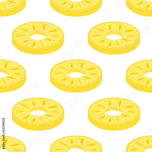 Seamless pattern with fresh cut rings pineapple fruit on white background. Summer fruits for healthy lifestyle. Organic fruit. Cartoon style. Vector illustration for any design.