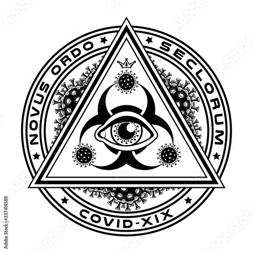 The all-seeing eye,  biohazard symbol, the pyramid is covered with particles of coronavirus. Conspiracy Theory, Masonic symbols.