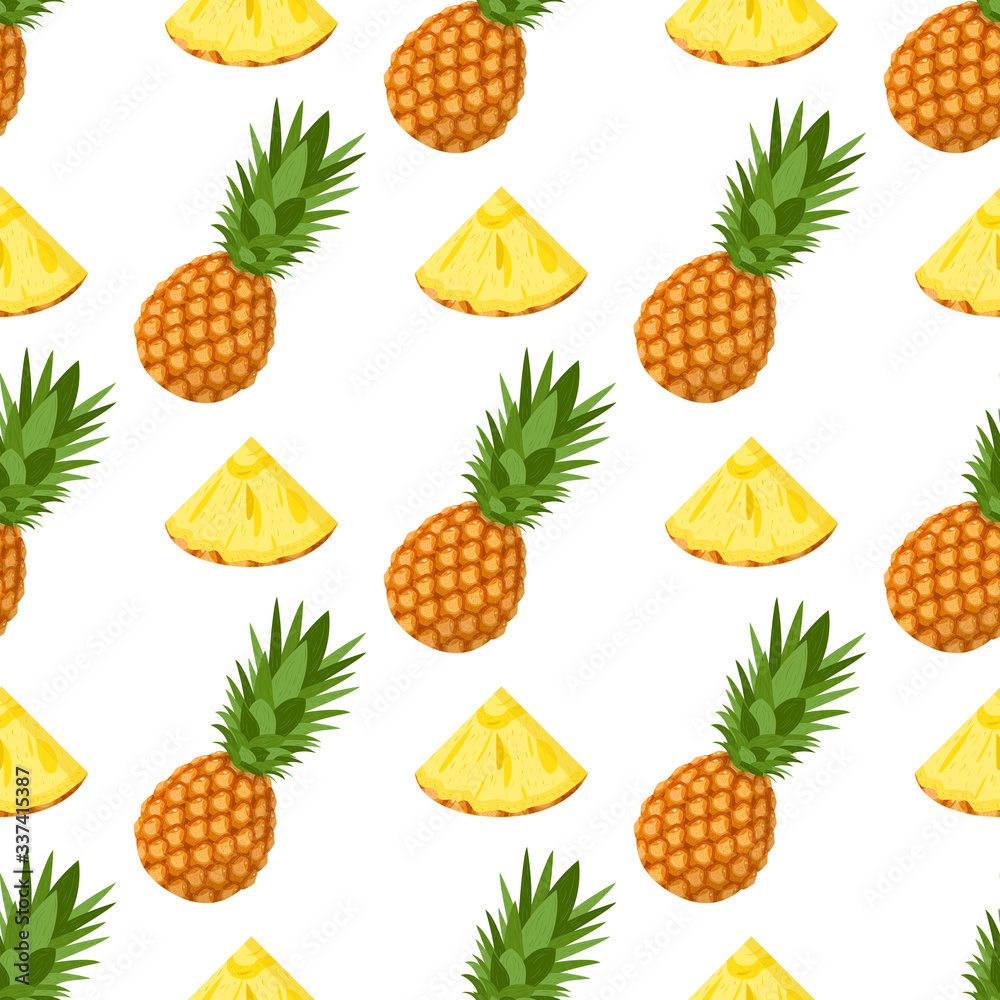 Seamless pattern with fresh whole and cut slices pineapple fruit with leaves on white background. Summer fruits for healthy lifestyle. Organic fruit. Cartoon style. Vector illustration for any design. Seamless pattern with fresh whole and cut slices pineapple fruit with leaves on white background. Summer fruits for healthy lifestyle. Organic fruit. Cartoon style. Vector illustration for any design.