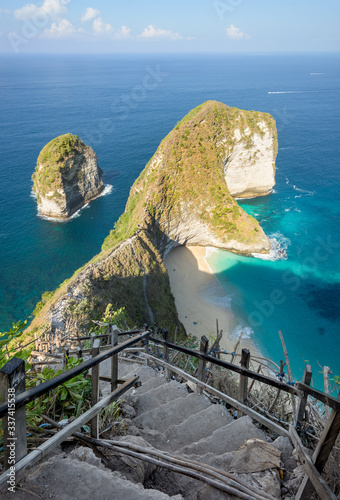 Popular photo spot and tourist destination Kelingking Beach and cliff, in Nusa Penida Island, Bali, Indonesia
