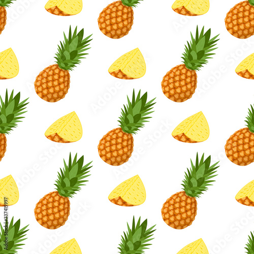 Seamless pattern with fresh whole and cut slices pineapple fruit with leaves on white background. Summer fruits for healthy lifestyle. Organic fruit. Cartoon style. Vector illustration for any design.