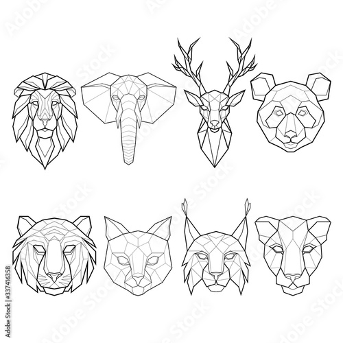 Set of eight polygonal abstract animals, lion, elephant, deer, panda, cat, tiger,  panther and lynx. Vector illustration