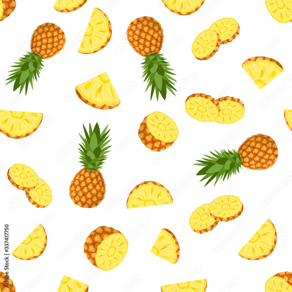 Seamless pattern with fresh whole and cut slices pineapple fruit with leaves on white background. Summer fruits for healthy lifestyle. Organic fruit. Cartoon style. Vector illustration for any design. Seamless pattern with fresh whole and cut slices pineapple fruit with leaves on white background. Summer fruits for healthy lifestyle. Organic fruit. Cartoon style. Vector illustration for any design.