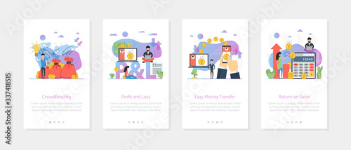 Vector four vertical mobile banners - crowdfunding, profit and loss, money transfer, return on sales