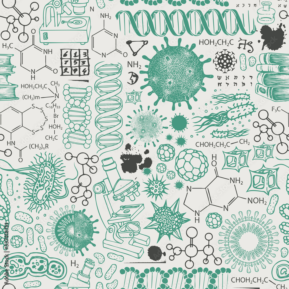 Vector seamless pattern on the theme of chemistry, biology, genetics, medicine. Abstract background with hand-drawn sketches in retro style. Suitable for wallpaper, wrapping paper, fabric - obrazy, fototapety, plakaty 