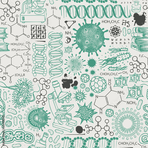 Murais de parede Vector seamless pattern on the theme of chemistry, biology, genetics, medicine