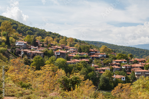 The old city Palaios Panteleiomonas, tourist attraction in Greece. Leptokaria travel destination in east Macedonia. Aerial view.