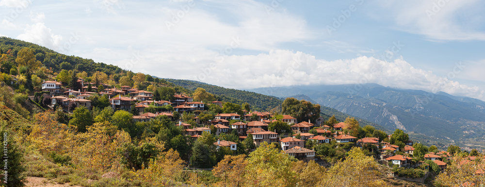 Fototapeta premium The old city Palaios Panteleiomonas, tourist attraction in Greece. Leptokaria travel destination in east Macedonia. Aerial view.