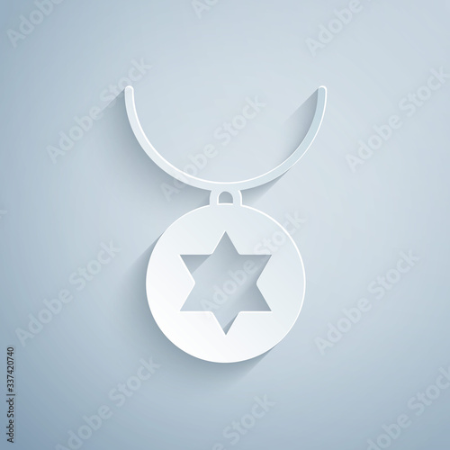 Paper cut Star of David necklace on chain icon isolated on grey background. Jewish religion. Symbol of Israel. Jewellery and accessory. Paper art style. Vector Illustration