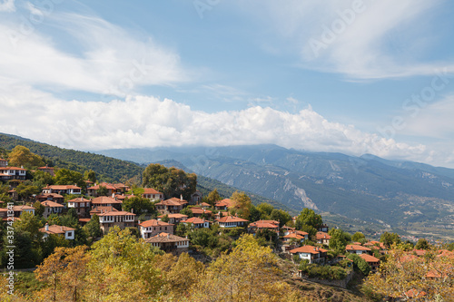 The old city Palaios Panteleiomonas, tourist attraction in Greece. Leptokaria travel destination in east Macedonia. Aerial view.