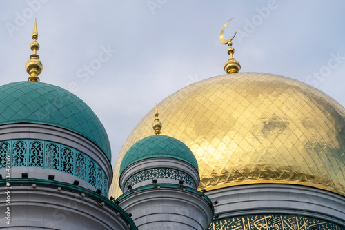 Central Moscow mosque; 3 domes closeup. Religion.