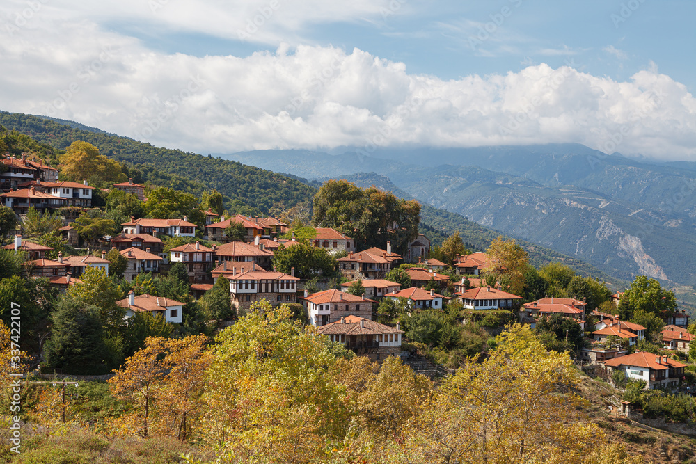 The old city Palaios Panteleiomonas, tourist attraction in Greece. Leptokaria travel destination in east Macedonia. Aerial view. The old city Palaios Panteleiomonas, tourist attraction in Greece. Leptokaria travel destination in east Macedonia. Aerial view.