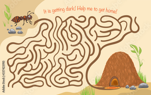 Maze game for kids. Help the little ant to get to his anthill. It is getting dark! Help me to get home!