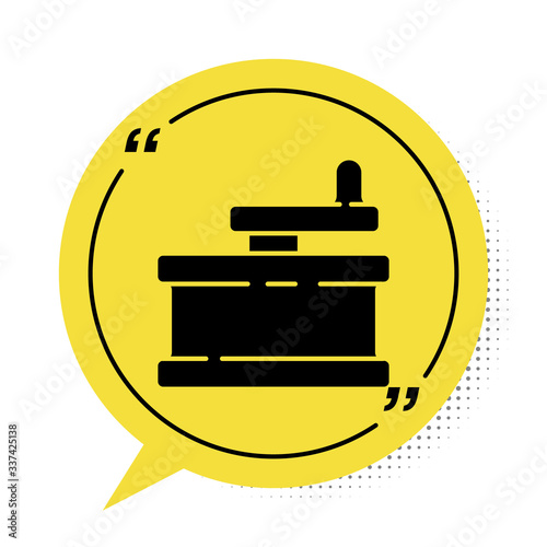 Black Manual grinder icon isolated on white background. Yellow speech bubble symbol. Vector Illustration