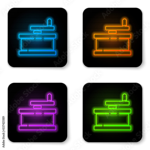 Glowing neon Manual grinder icon isolated on white background. Black square button. Vector Illustration